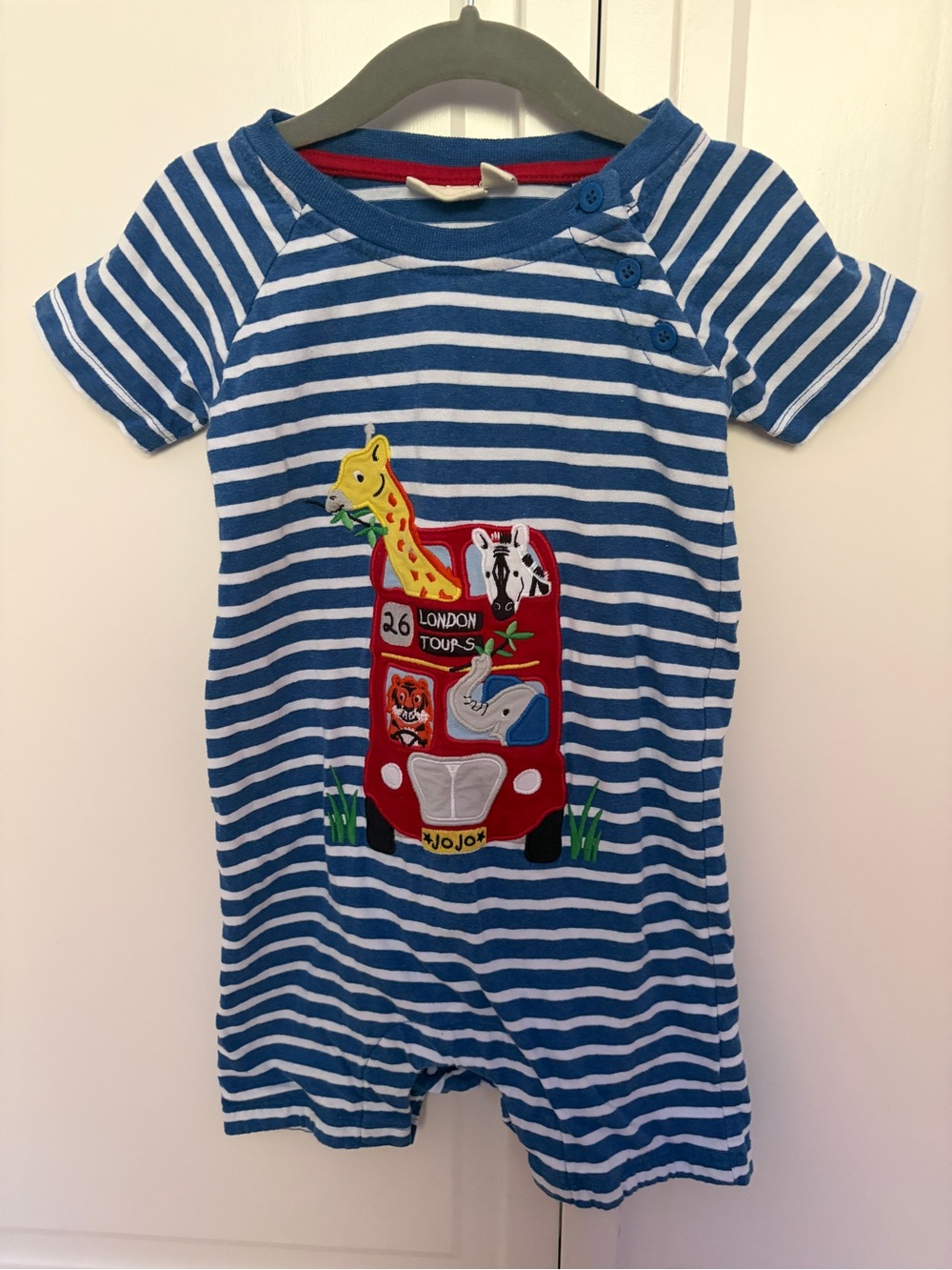 JoJo Maman Bebe London Safari Blue and White Striped Safari Bus Bodysuit